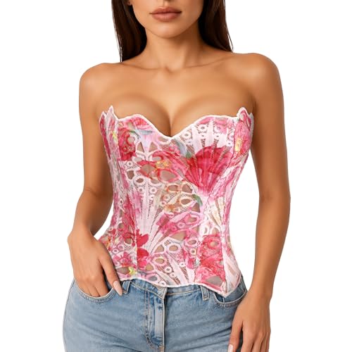 WERFORU Lacework Corset Top for Women Sexy Textured Sheer Floral Lace Bustier Cincher Lace-up Corset Halloween Overbust Top