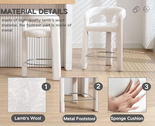 CIMOTA Boucle Barrel Counter Stool Set of 1, 26 Inch Modern Bar Chair Counter Height Bar Stool with Open Back and Arms, Comfortable Breakfast Barstool for Kitchen Island, Sherpa White - Thumbnail 4
