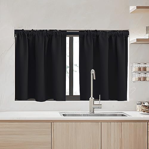 Image of RYB HOME Kitchen Window Curtains - Blackout Privacy Half Window Curtains for Bedroom Bathroom Dining Living Room Cafe Office Short Tiers Drapes, W 34 x L 36 inches, 2 Panels, Black