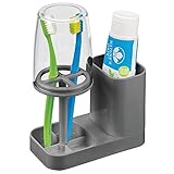 mDesign Modern Plastic Bathroom Vanity Countertop Toothpaste & Toothbrush Holder Stand with Rinsing Cup/Cover - Dental Center Holds Electric Toothbrushes - Charcoal Gray/Clear