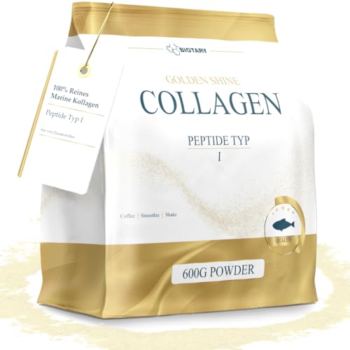 GOLDEN SHINE Marine Collagen Pulver 600g reines Fischkollagen Hydrolysat Peptide Typ 1 inkl: Messlöffel exzellente Löslichkeit geschmacksneutraleres Meereskollagen 60 Tage Vorrat geprüfte Qualität