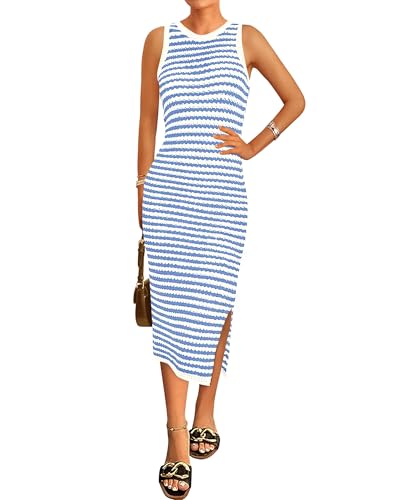 Image of Zenlonr Women's Sleeveless Summer Dresses 2025 Casual Crochet Knit Sundress Striped Long Tank Dress Beach Slip Dress