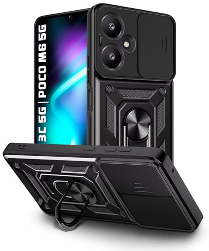Image of WOW IMAGINE Tough Armor Bumper Mobile Back Case for Mi Redmi 13C 5G | Poco M6 5G | Sliding Camera Shield Cover | Shockproof 360 Protection | Hybrid PC + TPU | Ring Holder with Kickstand - Black