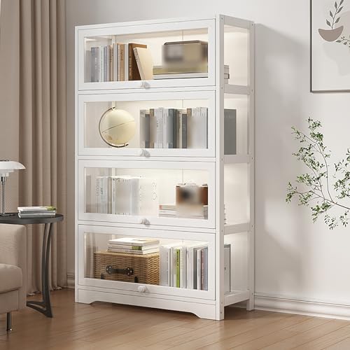 Natural Bamboo Display Cases,Curio Display Cabinet,Collectibles Toy Organizers Rack,Display Cabinet with Acrylic Flip Doors,Quick Installation,Easy to Clean,Sealed Dustproof