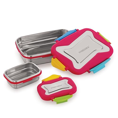 Image of STEELLOCK Smart Stainless Steel Tiffin Lunch Box 2pc Set for Kids and Adults - Airtight Leakproof Rectangle Combo with Steel Lids - Juliet 750ml & 170ml for School & Office