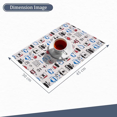Image of Kuber Industries PVC Anti Slip Table Mats Set of 6 | Waterproof Dining Table Mat for Party, Wedding and Family Functions | Coffee House Print - White & Blue