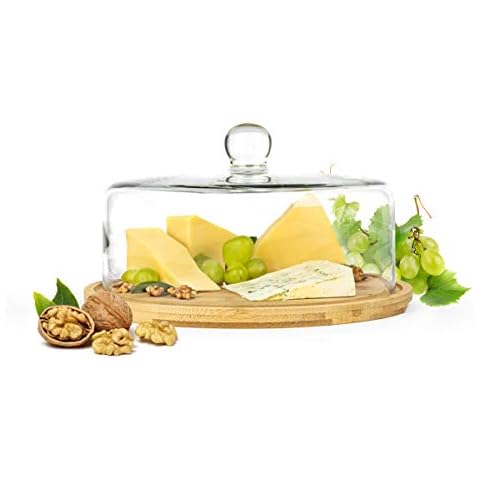 Sendez Glass Bell with Chopping Board 28 cm Cheese Dome Glass Cover Cake Bell Made of Wood and Glass Cover