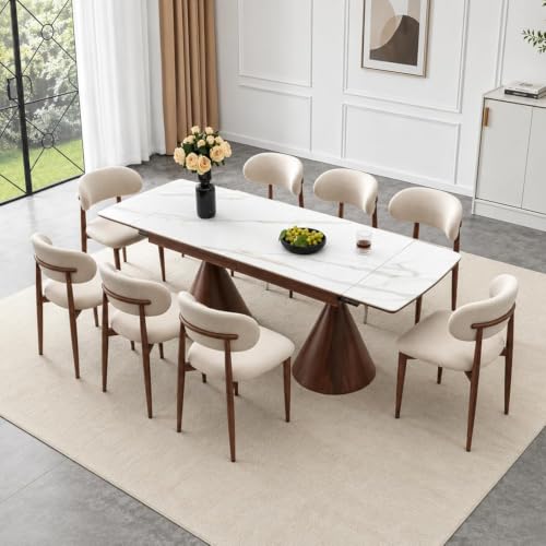 CRIPNAS Extendable Faux Marble Dining Table, 55"-78.7" Rectangular Sintered Stone Dining Table with Leaf Seats 4-8, Easy-Clean Tabletop with Metal Pedestal Base for Dining Room Gathering (Only Table)