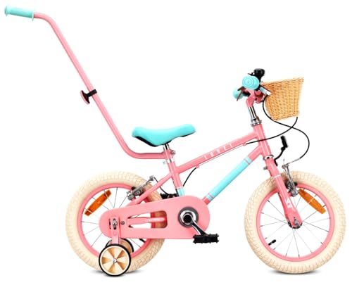 sun baby Bicicleta Infantil 14 Pulgadas Lovel, Niña 3-5 Años, Máx 50 kg - Bicicleta para niños, Ruedas Laterales, Cesta, Timbre, Protector de Cadena, Manillar - Rosa-Menta