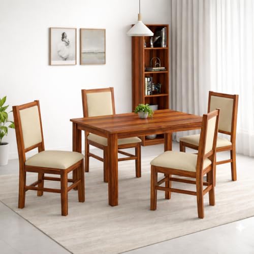 SONA ART & CRAFTS Cresta Solid Sheesham Wood Dining Table Set of 4 Seater Dinner Dinning Table with 4 Cushion Chair Dining Furniture for Living Room Home Hotel Office Self Assembly (Natural Finish)
