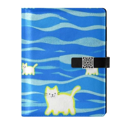 Carnet de notes ligné en cuir blanc haut de gamme de 17 x 23 cm avec gaufrage chat de dessin animé