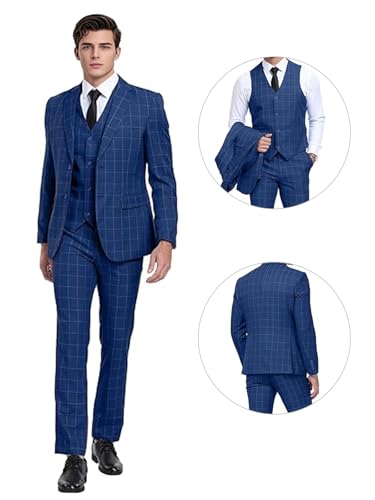 Men's Suit Set 3 Pieces Plaid Slim Fit Suit Formal Bussiness Wedding Suit Casual Prom Tuxedos Blazer Vest Pant2