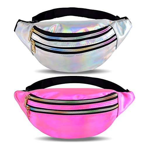 WangCang 2 Stücke Bauchtasche Mode wasserdichte Gürteltasche Metallic Hüfttasche für Frauen und Männer Party Festival Sport Outdoor Reisen (Silber und rosa) Cover