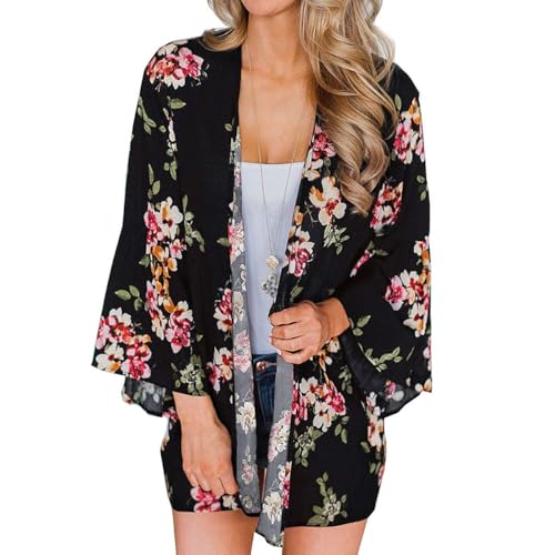 Women’s Floral Chiffon Cardigan – Lightweight Kimono Boho Beach Cover Up Shawl for Summer Swimwear, Casual Loose Blouse BlackRed