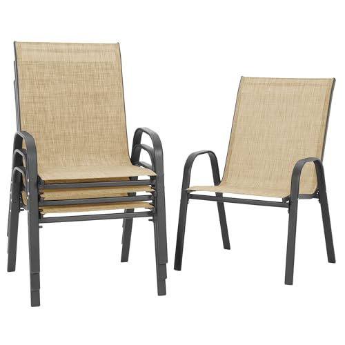 Image of PIZZELLO Patio Chairs Set of 4, Outdoor Stackable Dining Chairs for All Weather, Lightweight Textilene Outdoor Chair Sets with Armrests, 330Lbs Capacity, for Backyard Porch Poolside Garden (Khaki)