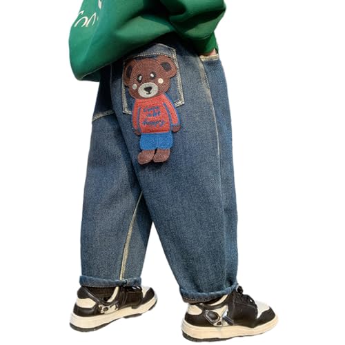 Kids Boys Bear Jeans Fleece Lined Denim Pants, Thick Winter One-Piece Warm Long Jeans for Streetwear