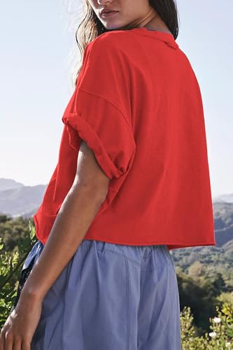 Image of HUGOOME Womens Oversized Workout Crop Top Casual Short Sleeve Boxy Roll Hem