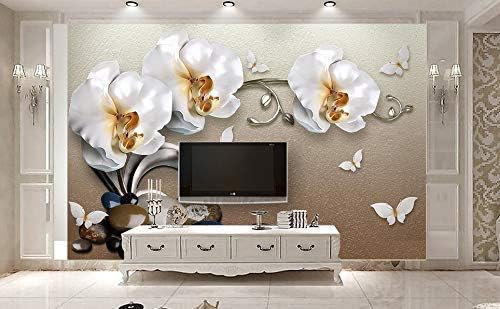Miniatura 5 de Murwall 3D Floral Wallpaper White Orchid Wall Mural 3D Pebble Wall Print White Butterfly Wall Art Classical Home Decor