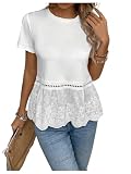 SweatyRocks Women's Hollow Out Ruffle Hem Crew Neck Short Sleeve T Shirts Tops White Small