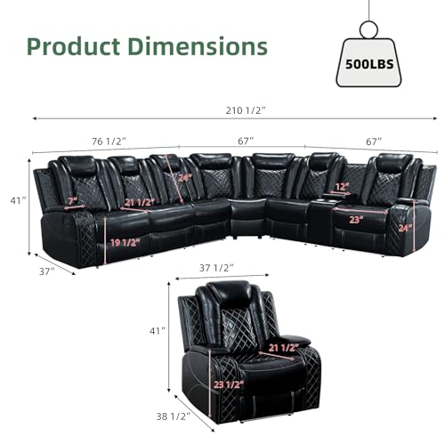 Image of Power Reclining Sectional Sofa Set with Recliner Chair, Black Breathable Faux Leather L-Shaped Couch with LED Lights, USB Charging, Wireless Charging, Storage Console and Cup Holders