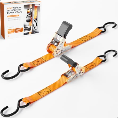 WELLUCK 304 Stainless Steel Boat Trailer Tie Down Straps 2400 LBS, 1 Inch x 4 FT Heavy Duty Ratchet Straps Transom Tie Downs to Trailer Marine Jet Ski Pontoon, High-Vis Orange Safety Harness