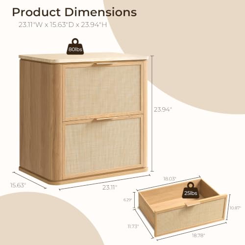 Image of Night Stand Set of 2, 23.11 inch W Rattan Nightstand with 2 Drawers, Faux Marble Top Bedside Table, Boho Mid Century End Table for Bedroom Living Room Sofa Office, Natural Oak [FSC Certified]