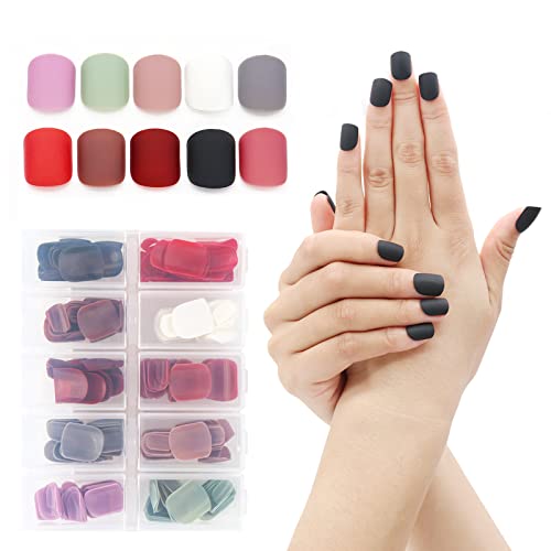 240Pcs Matte Short Square Press on Nails, Misssix Short Fake Nails Acrylic Full Cover Nail Colorful Solid False Nail with Nail File for Women 10 Color