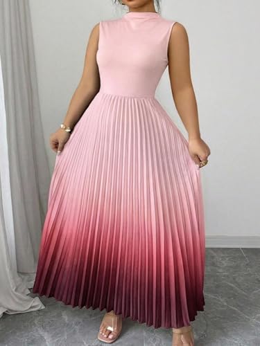 Image of SOLY HUX Women's Plus Size Summer Ombre Sleeveless Flowy Maxi Dress | Birthday, Pleated A Line, Mock Neck, Formal Outfits,Cocktail, Wedding, Graduation