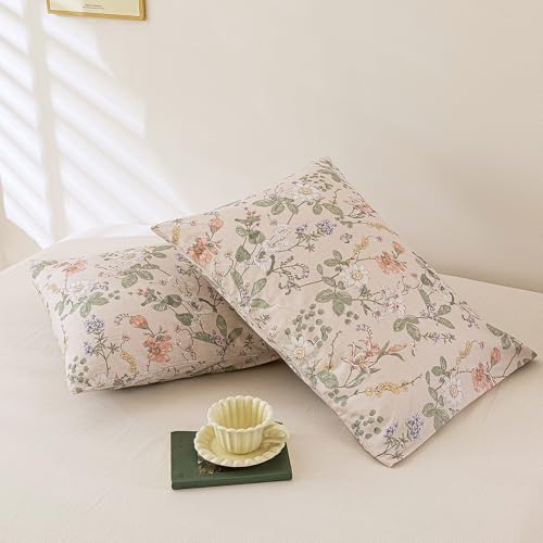 Image of ECOCOTT 2 Pack Floral Pillowcases Standard Size, 100% Washed Cotton Pillow Cases with Envelope Closure, Vintage Botanical Flower Printed Pillow Covers