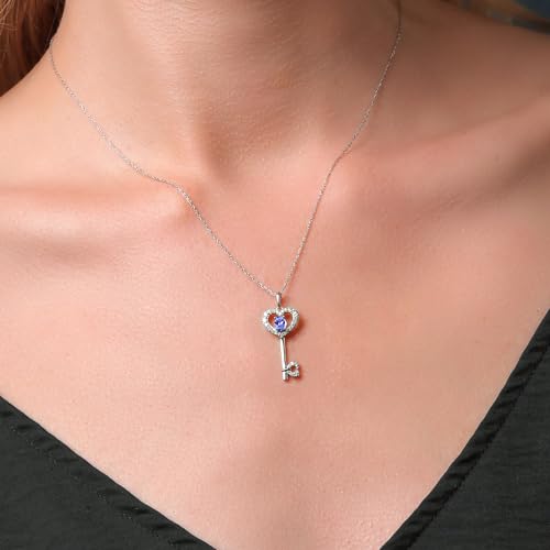 Gem Stone King Heart Shape Key Pendant Necklace For Women | 10K White Gold | Customized and Personalized 8X3MM Oval Gemstone Birthstone and White Lab Grown Diamond | With 18 Inch Chain4