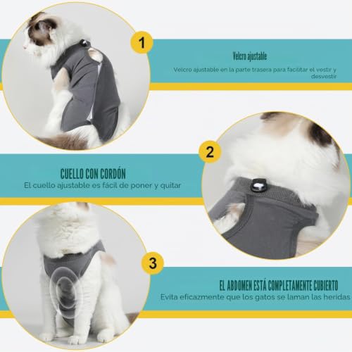 Miniatura 4 de 1pc Body Gatos Postoperatorio Hembra, Chaleco Para Cirugía Y Heridas Abdominales Body Gata Esterilizacion, Traje De Recuperación Profesional Para Gatos Gris Oscuro,M
