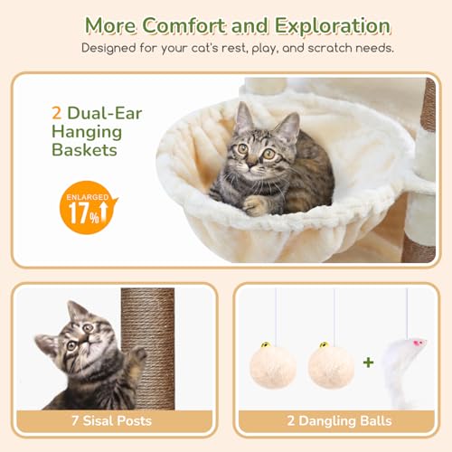 Image of Globlazer Heavy Duty Cat Tree, 74in Sturdy Cat Tower for Large Cats Adult, Big Cat Tree with 7 Sisal Scratching Posts, 2 Padded Condos, 2 Dual-Ear Hanging Baskets, Enlarged Top Perch, S74, Beige