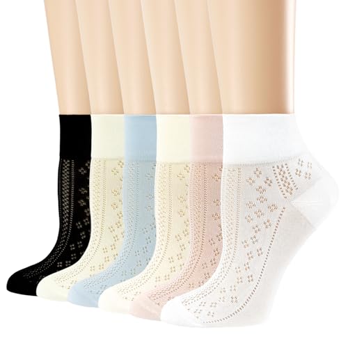 Image of Women's Ankle Socks,Wide Elastic Cuff,Openwork Design,Cute Cool Summer Socks with Mesh for Girls,6 Pack