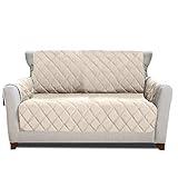 MIGHTY MONKEY Premium Reversible Loveseat Slipcover, Seat Width to 54 Inch Furniture Protector, 2 Inch Elastic Strap, Washable Slip Cover for Loveseats, Protects From Kids, Dog, Love Seat, Beige Latte