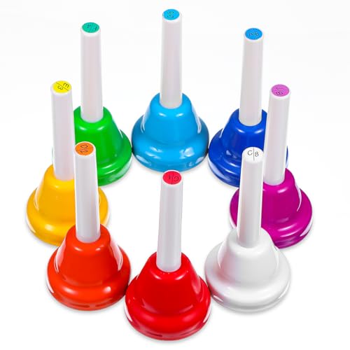HOFURME 8 Notes Hand Bells Musical Hand Bell Set with Colorful Design 8 Pack Colorful Handbells Durable Iron Bells for Adults Church Choir (4.3 Inch)