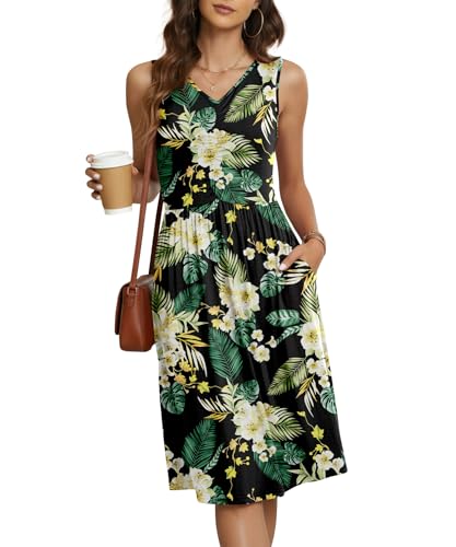 Image of NILOUFO Sleeveless Dress for Women Summer Knee Length Sundress with Pockets | Sundresses for Women Tank Empire Waist Sun Dress Cold Shoulder Casual V Neck Midi Dress Flowy Summer Dresses for Women