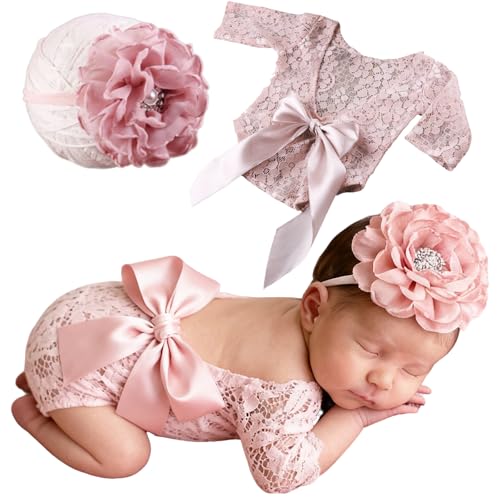 Newborn Photography Outfits, Cute Baby Lace Ribbon Rompers with Headband