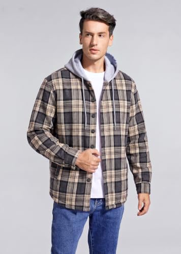 Image of Men's Cotton Plaid Shirt Jacket Fleece Flannel Sherpa Button Down