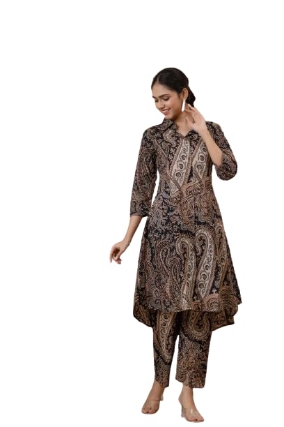 Image of Brown Paisley Printed Kurta with Straight Pants | Kurti Set for Woman