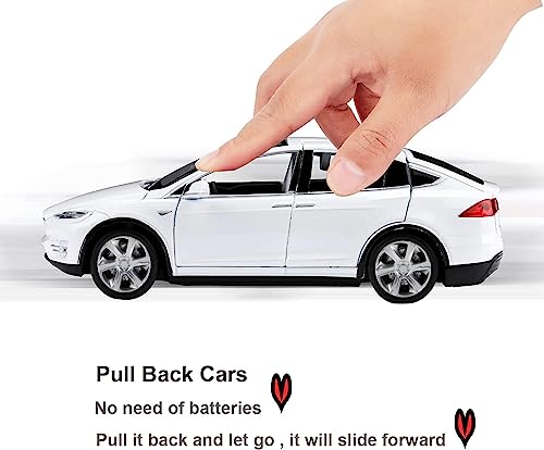 Image of 1:32 Tesla Model X Toy Car with Pull-Back Action Lights, Sound and openable Doors.Durable diecast Model for Kids Aged 3-12 offering Hours of Fun and Realistic Play (White)