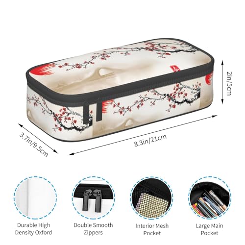 Image of Japanese Cherry Blossom Ink Painting Large Pencil Case, Pencil Pouch With Zipper Compartments Stationery Pencil Bag For Kids Teens Students School Supplies