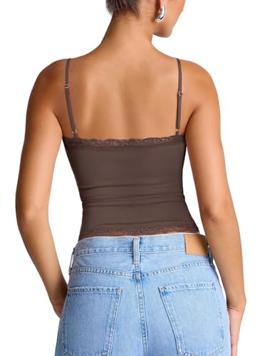 PINKMSTYLE Womens Square Neck Lace Trim Tank Top Double Lined Slim Fitted Y2k Going Out Camisole Shirts Dark Brown Small — view 5