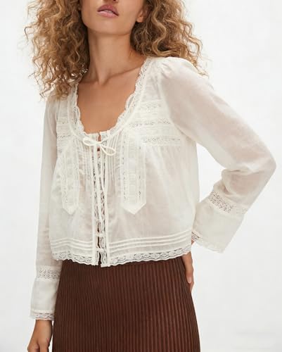 Image of Women Summer Sheer Tie Front Top Y2k Peplum Chiffon Blouse Eyelet Long Sleeve Flowy Lace Beach Cover Up Boho Tops