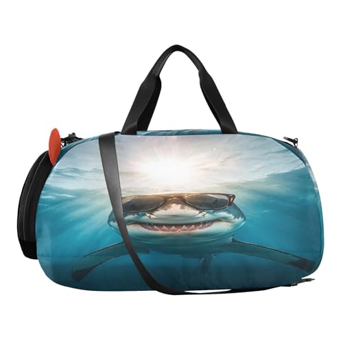 Sunglasses Blue Shark Kids Travel Duffel Bag for Boys Girls Overnight Weekend Tote Bag with Shoes Compartment for Gym Sports Dance2