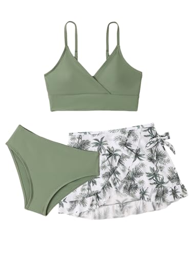 Image of Girl's 3 Piece Bikini Set Tropical Print Swimwear Bathing Suit with Cover Up Skirts Green 10Y