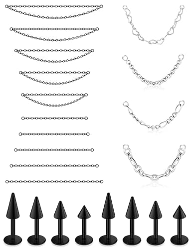 Kadogohno 16g Chain Across Black Nose Rings Nostril Stud Medusa Lip Ashley Labret Flat Back Tragus Helix Cartilage Conch Earrings Surgical Steel Piercing Jewelry for Women Men