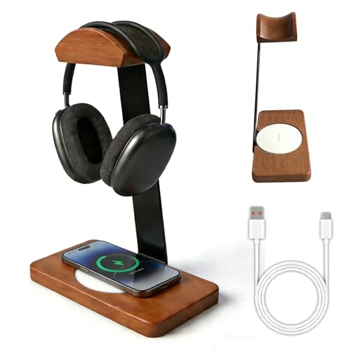 Solid Wooden Headphone Holder Fast Wireless Charging Pad,