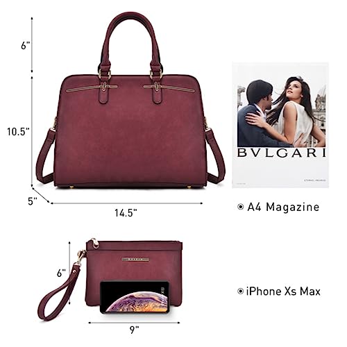 Dasein Women Satchel Handbag Shoulder Purse Top Handle Work Bag Tote Bag With Matching Wallet (Burgundy)