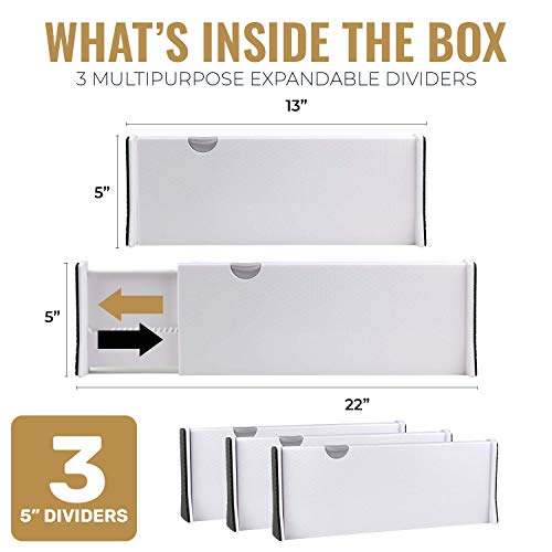 Rapturous Deep Drawer Divider - 5 Inches High, Expands From 13-22 Inch, Adjustable Tall Dividers For Kitchen, Bedroom - Expandable Organizers For Clothes, Baby Dressers - 3 Pack White Deep Separators #TOP1