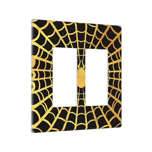 Decorative Outlet Covers Black Background with Golden Spiderweb Spider 2 Gang Light Switch Cover Plate Double Rocker Wall Plate Switch Plate Covers for Bedroom Decor